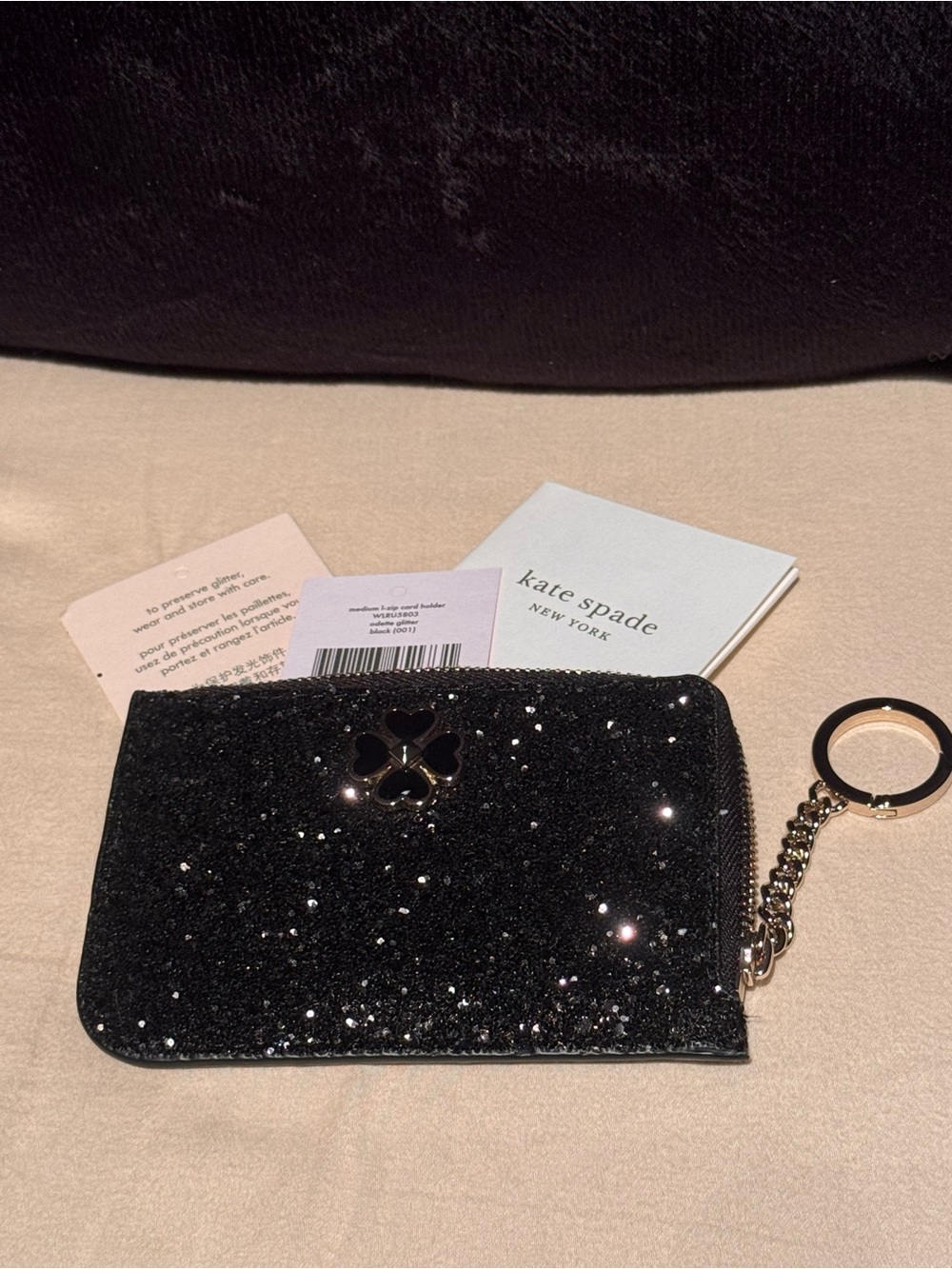 NWT!! Kate Spade Odette Black Glitter L-Zip Cardholder Keyring